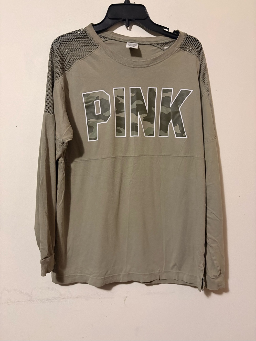 PINK Olive Green Long-Sleeve Mesh Shoulder cotton Tee Victoria’s Secret